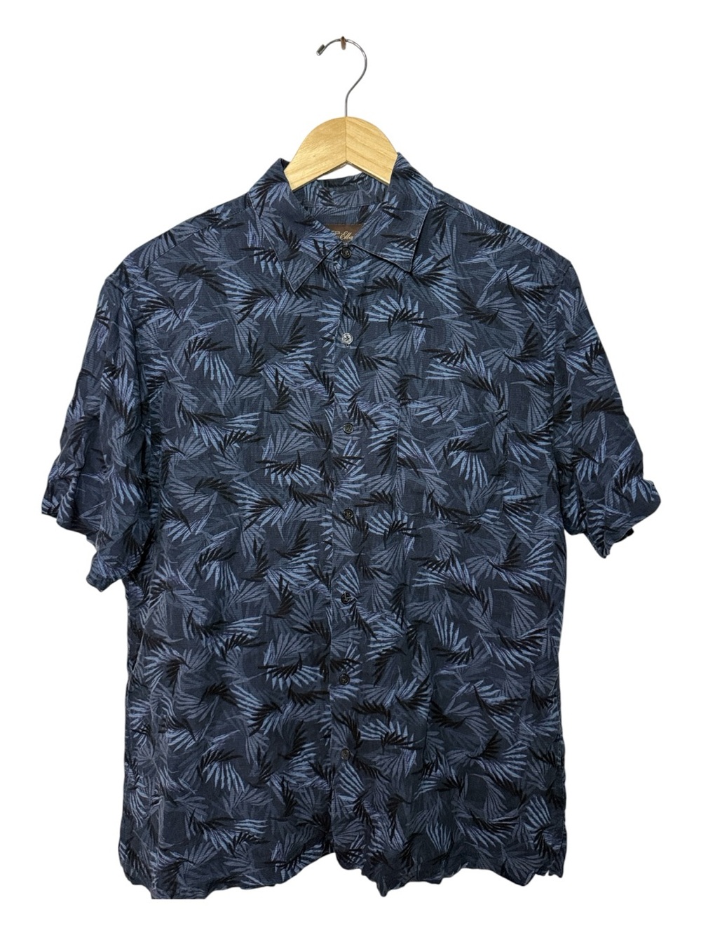 TASSO ELBA Men's Silk Linen Navy Palm Leaf Resort Button Up Camp Shirt M